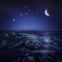 Rising Moon Over Ocean and Boulders Poster Print with Starry Sky