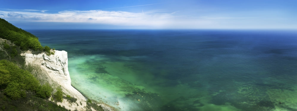 Aerial view of chalk mountain and sea, Mons Klint cliffs poster print.