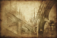 Vintage poster print of architectural elements on a church roof in Milan, Italy.
