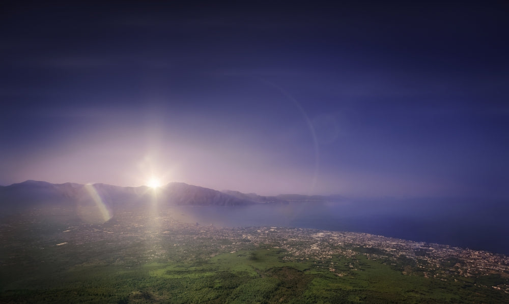Aerial view of mountains and sea at sunset from Mount Vesuvius, Napoli region, Italy poster print.