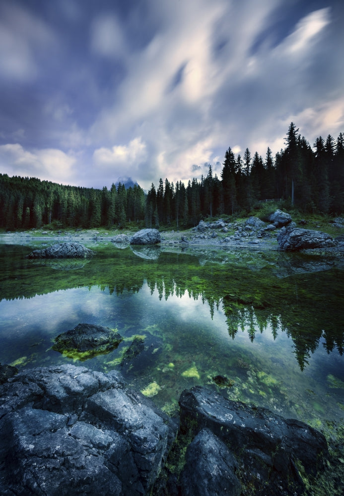 Karersee Lake and Dolomite Alps morning landscape poster print.