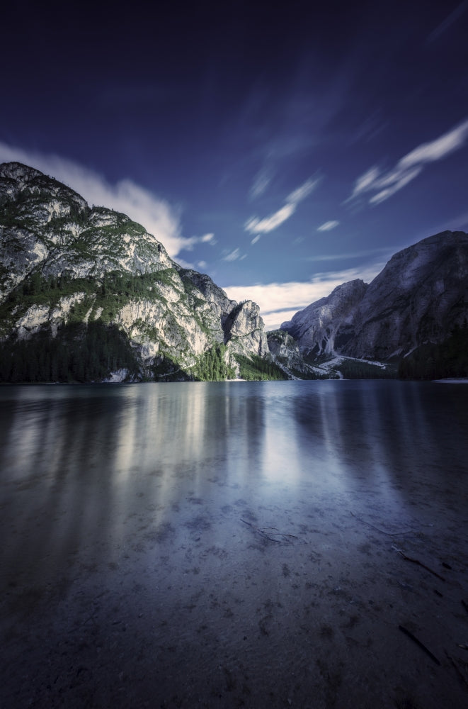 Lake Braies and Dolomite Alps poster print showcasing serene waters and majestic mountains.