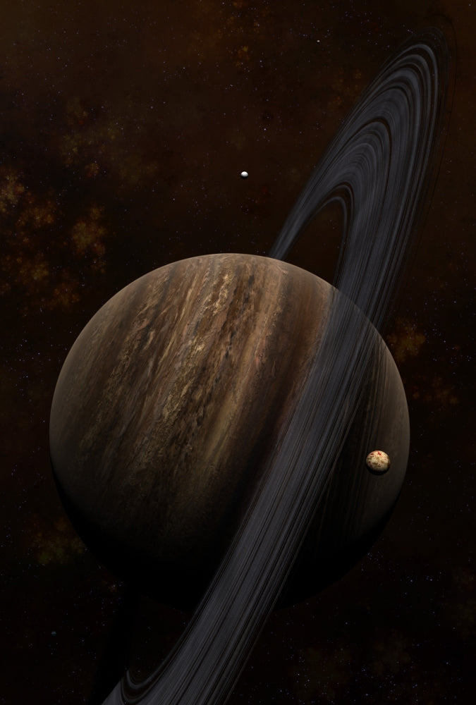 Artist's concept of a ringed gas giant and its moons poster print.