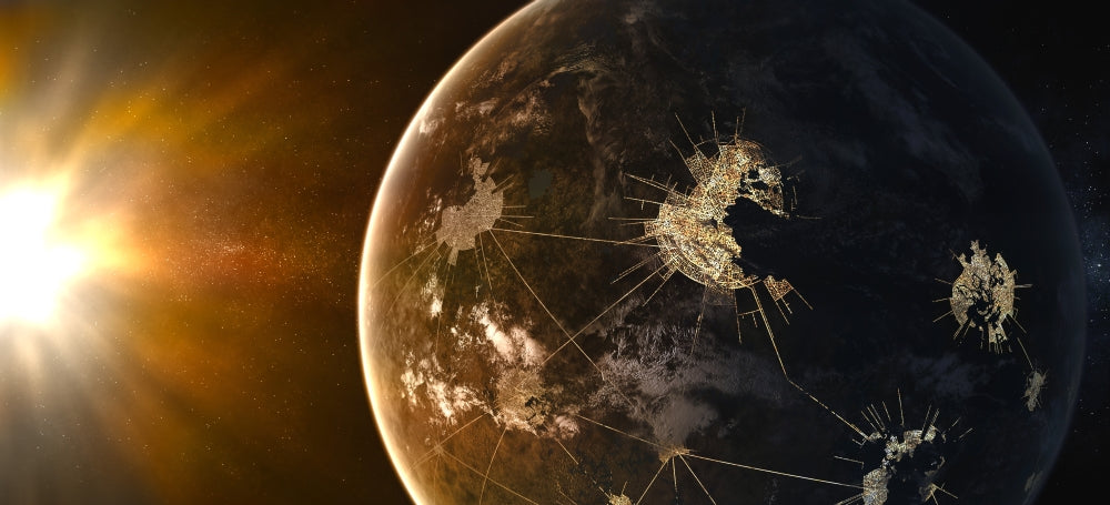 This Planet is Home to the Capital of Asellus Secundus Poster Print featuring giant cities illuminated at night.