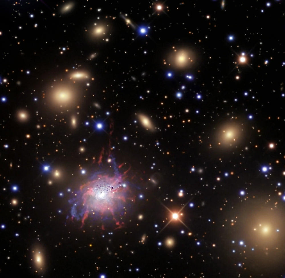 Elliptical Galaxy NGC 1275 Poster Print showcasing vibrant cosmic colors.