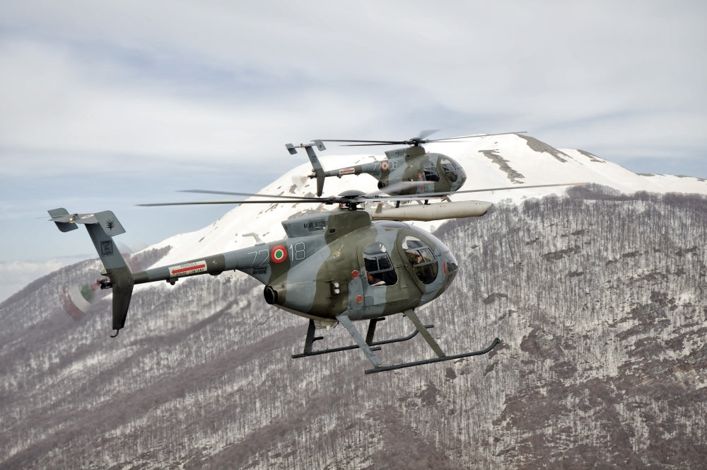 Poster print of two Breda Nardi NH-500 helicopters flying over Frosinone, Italy.