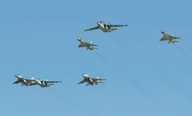 Bulgarian Air Force MiG-21, MiG-29 and Su-25 aircraft flying poster print.