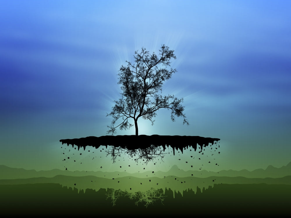 Flying Tree Digital Art Poster Print showcasing a whimsical tree in the sky.