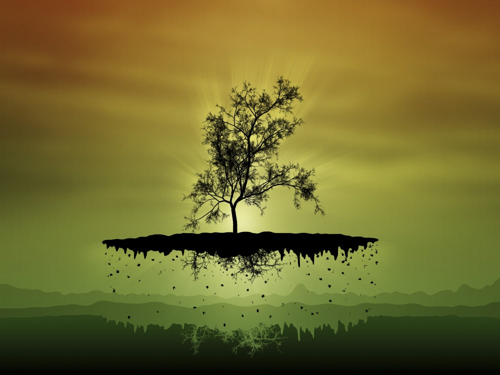 Digitally generated flying tree poster print, surreal nature artwork.