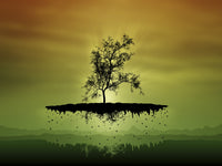 Digitally generated flying tree poster print, surreal nature artwork.