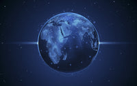 Digitally generated image of airline flight paths around the globe poster print.