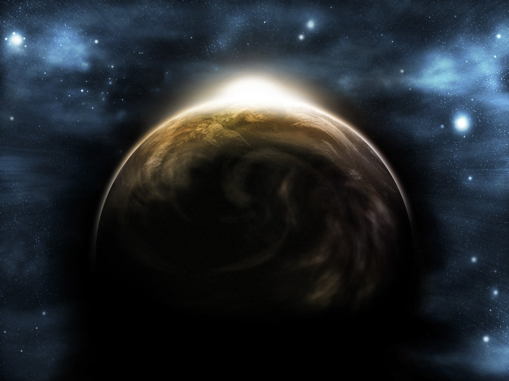 Digitally generated image of a sunrise over a planet, vibrant colors.