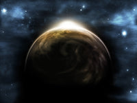 Digitally generated image of a sunrise over a planet, vibrant colors.