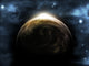 Digitally generated image of a sunrise over a planet, vibrant colors.