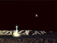 The Earth Hangs in the Low Lunar Sky Poster Print featuring a sleek moonship lifting off.