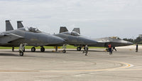 F-15 and F-22 aircraft at Kadena Air Base during pre-flight checks poster print