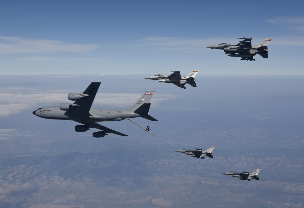 Poster print of four F-16s and a KC-135 in formation over Southern Arizona.