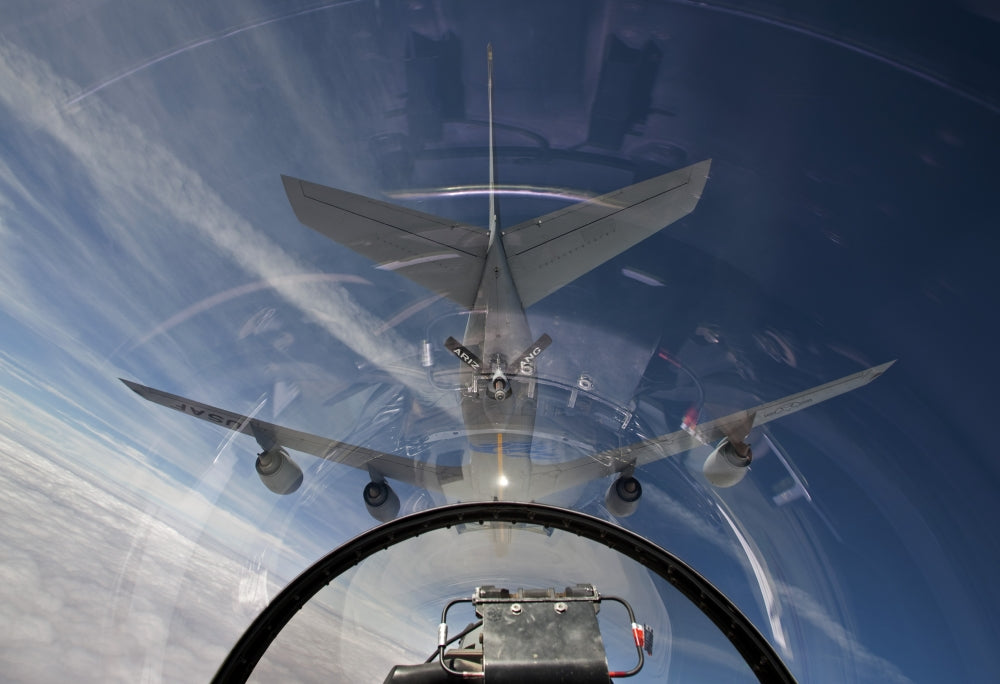 F-16 Fighter Jet in pre-contact position behind KC-135R Poster Print