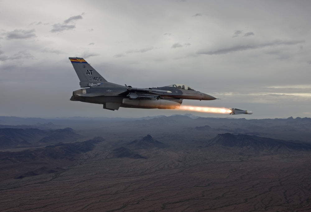 F-16 Fighting Falcon AGM-65 Maverick missile test poster print.