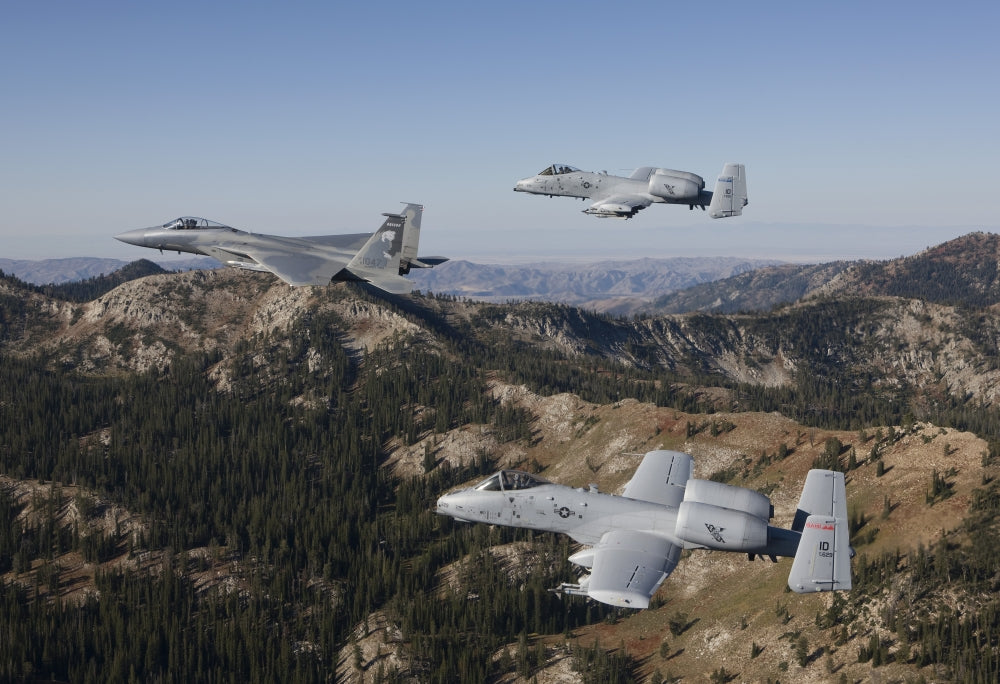 F-15 Eagle and A-10 Thunderbolt formation flying over Central Idaho.