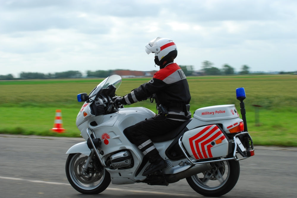 Military Police Officer riding BMW R 1150 RT motorcycle poster print.