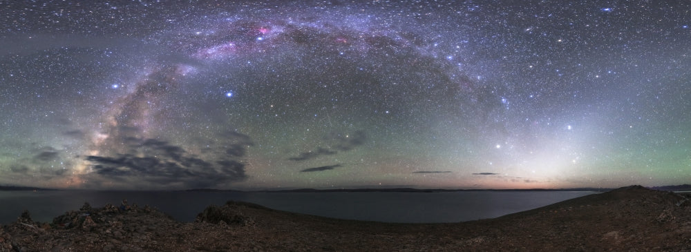 Milky Way and zodiacal light poster print over Lake Namtso, Tibet