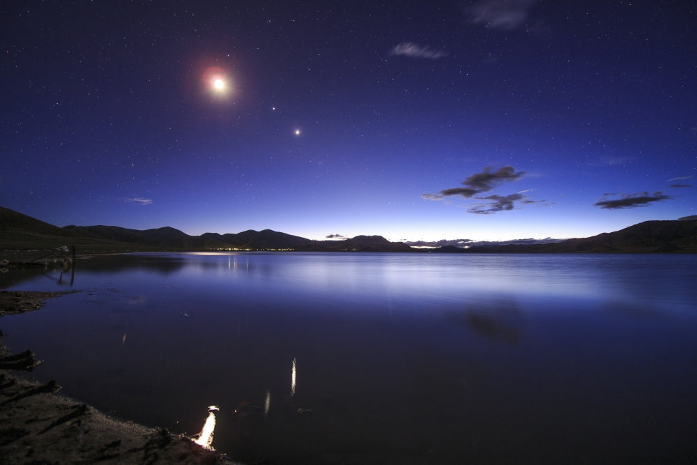 Poster print of the conjunction of the Moon, Jupiter, and Venus above Yamdrok Lake in Tibet, China.