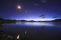 Poster print of the conjunction of the Moon, Jupiter, and Venus above Yamdrok Lake in Tibet, China.