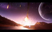 Meteor shower striking the surface of a planet poster print by Justin Kelly.