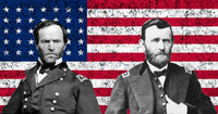 Vector artwork of Generals Sherman and Grant in front of the American flag.