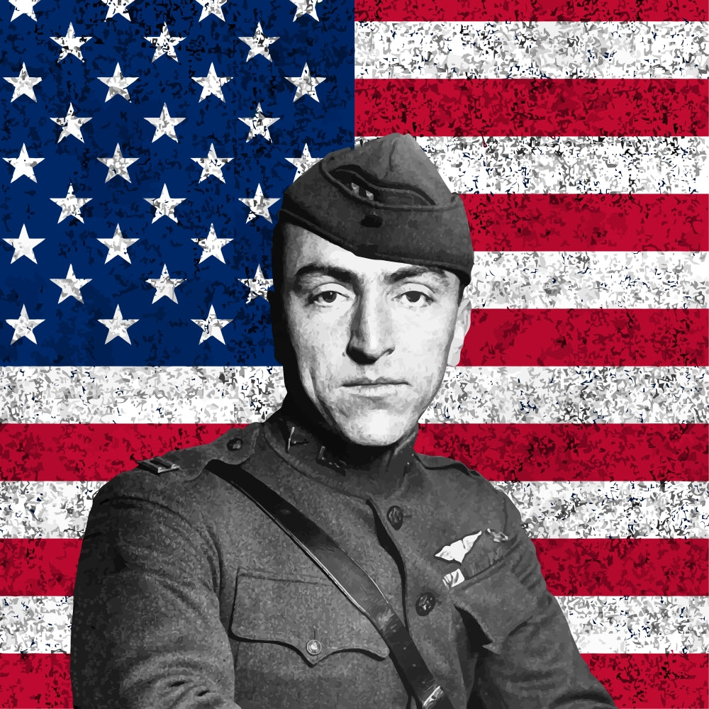 Digitally restored vector portrait of Eddie Rickenbacker in front of the American flag.