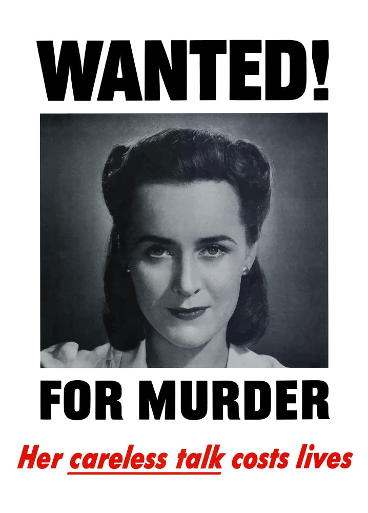 Wanted For Murder WWII Propaganda Vintage Poster Print featuring a smiling housewife.