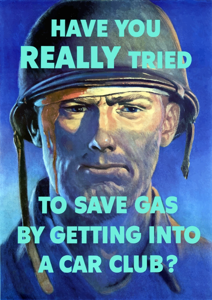 Vintage World War II propaganda poster featuring a bruised soldier and gas-saving message.