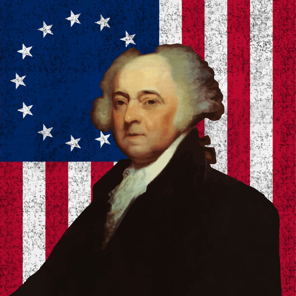 Digitally restored vector portrait of John Adams against the American flag.