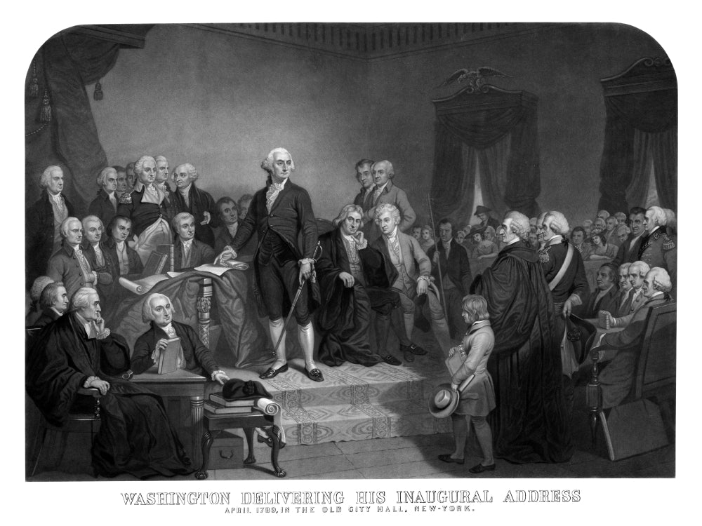 Digitally restored print of President George Washington delivering his Inaugural Address.