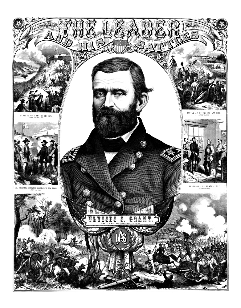 Vintage Civil War poster of General Ulysses S. Grant in military uniform.