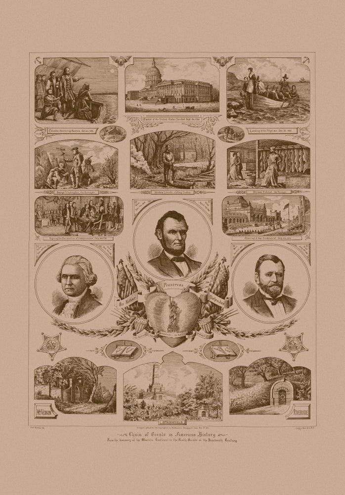 Vintage American history print featuring Presidents Grant, Lincoln, and Washington.
