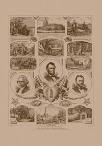 Vintage American history print featuring Presidents Grant, Lincoln, and Washington.
