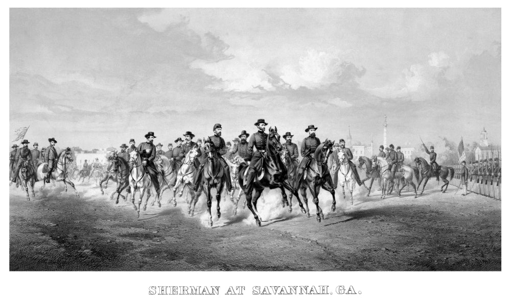 Vintage print of General William Tecumseh Sherman and his Generals on horseback in Savannah, Georgia.