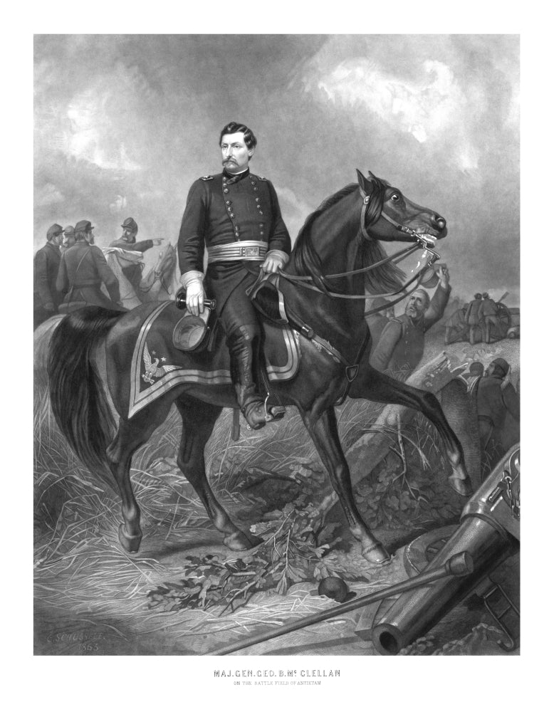 Vintage Civil War print featuring Union General George McClellan on horseback