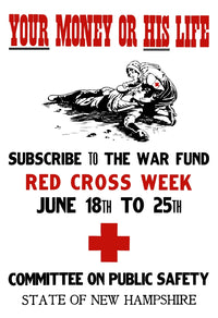 Vintage World War I poster of a Red Cross nurse helping a wounded soldier.