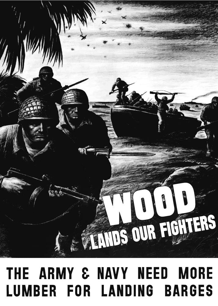 Vintage World War II poster depicting combat troops landing on a beach.
