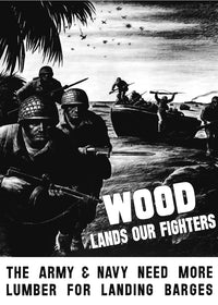 Vintage World War II poster depicting combat troops landing on a beach.