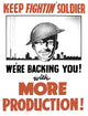 Vintage World War II propaganda poster featuring soldier silhouette and industrial park.