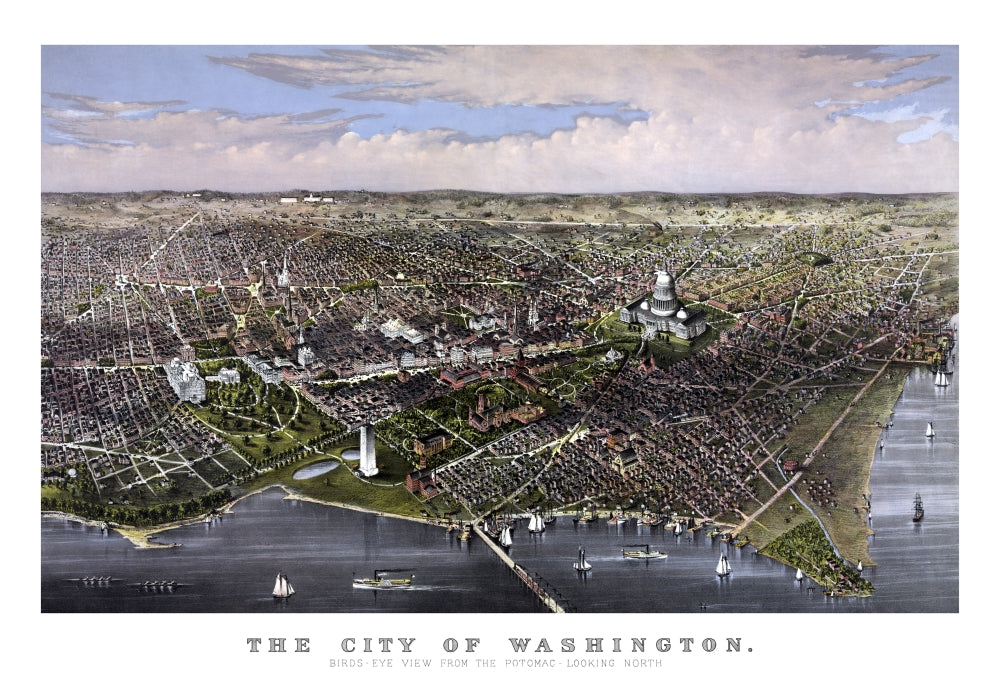 Vintage birds-eye view print of Washington D.C. from the Potomac River.