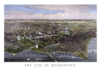 Vintage birds-eye view print of Washington D.C. from the Potomac River.