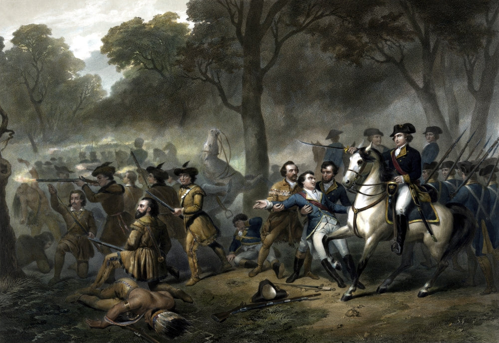 Vintage print of George Washington leading troops at the Battle of the Monongahela