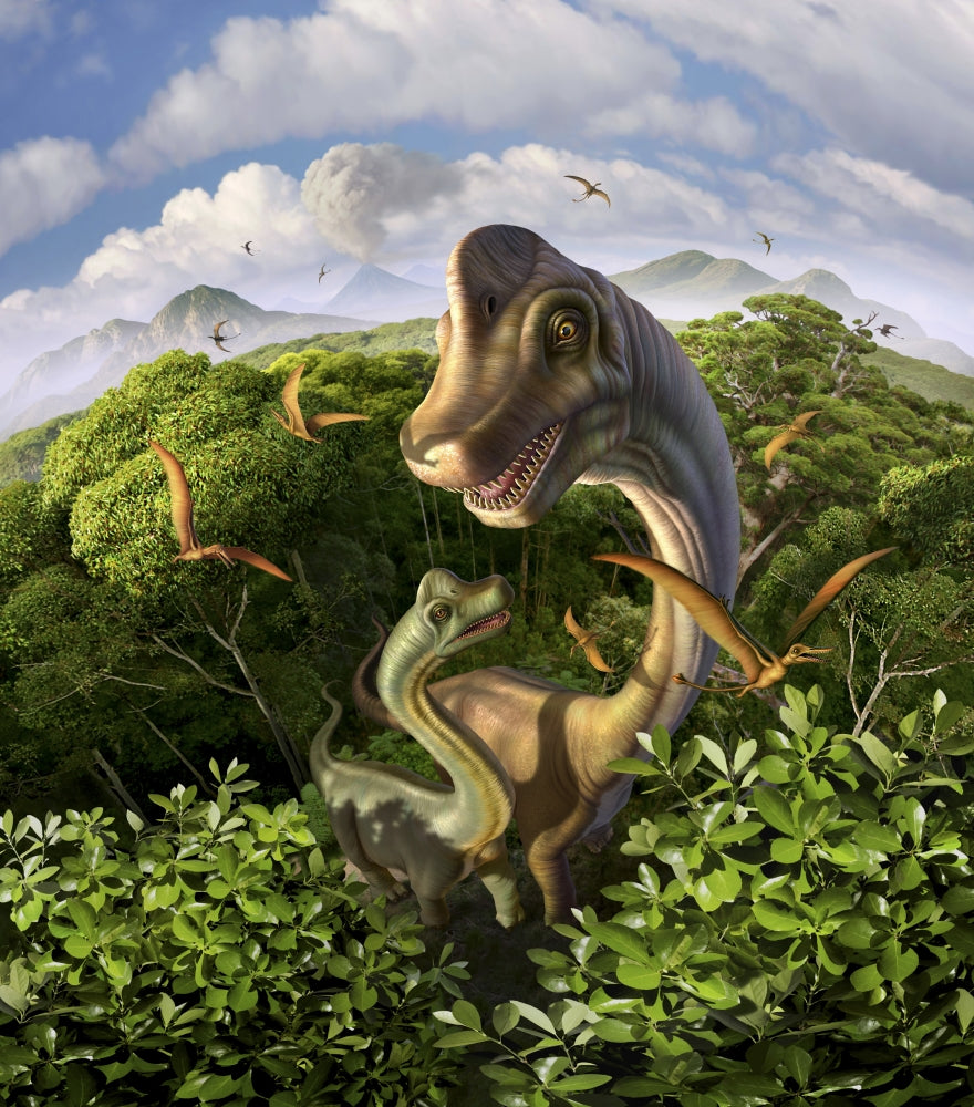 Brachiosaurus with young above treetops surrounded by pterodactyls poster print.
