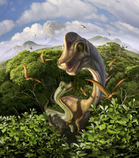 Brachiosaurus with young above treetops surrounded by pterodactyls poster print.