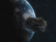 Asteroid in Front of the Earth Poster Print showcasing a stunning view of an asteroid and Earth.